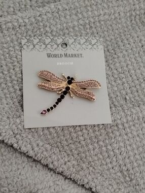 Cost Plus World Market Rose Gold Dragonfly Brooch with Black and Pink Accents